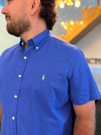 Camisa Polo R.L hombre Algodón Manga Corta Azul Caballo Verde