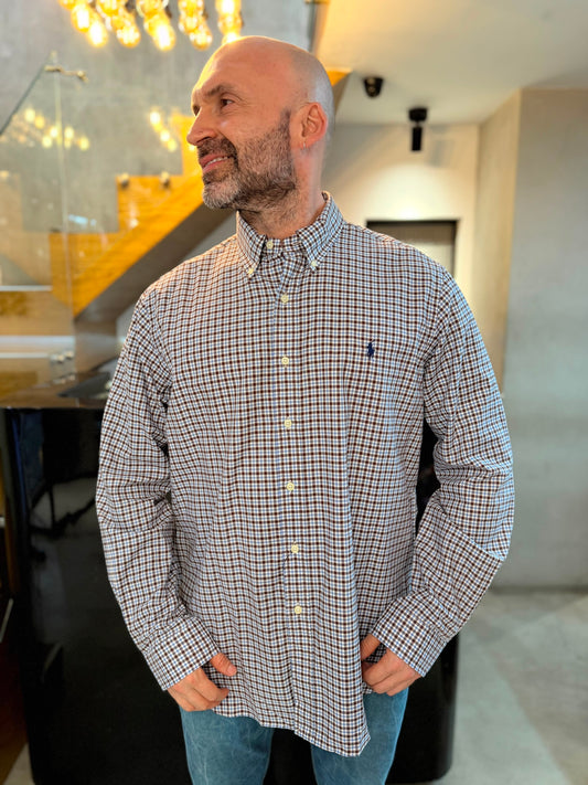 Camisa Polo R.L hombre Algodón Cuadros Cafés Con Blanco Caballo Azul