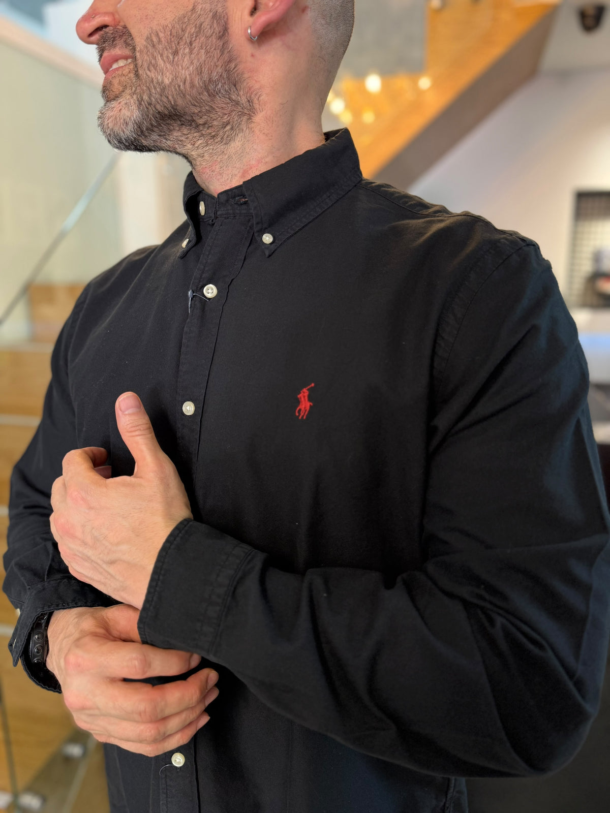 Camisa Polo R.L hombre Oxford Negra Caballo Rojo