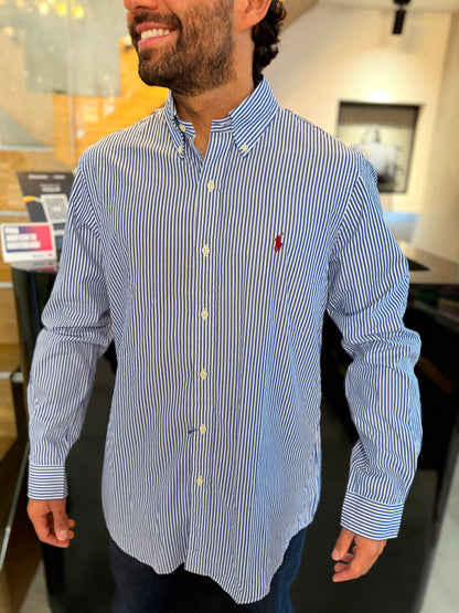 Camisa Polo R.L hombre Algodón Rayas Azules Con Blanco Caballo Rojo