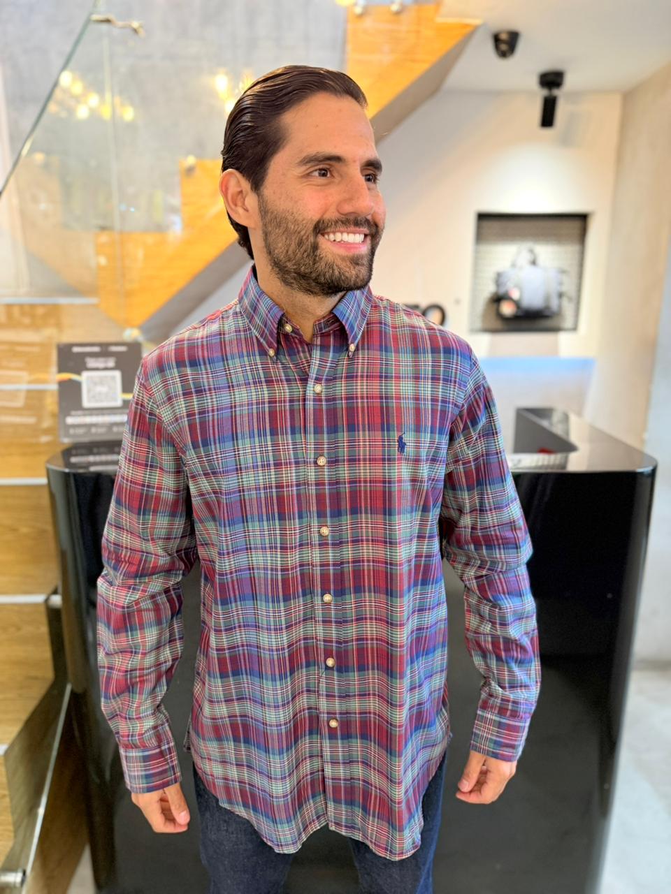 Camisa Polo R.L hombre Algodón Cuadros Morados Con Verde Caballo Azul