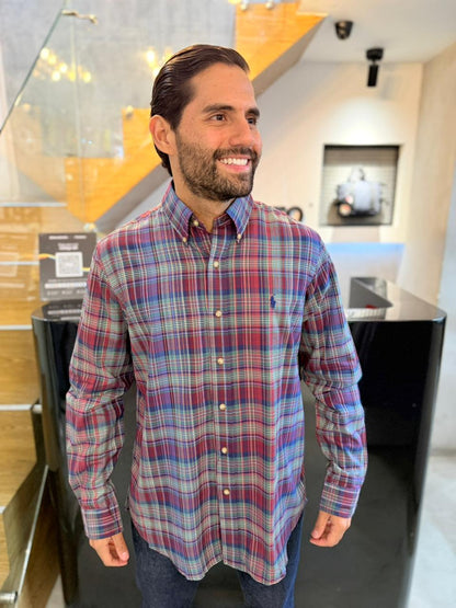 Camisa Polo R.L hombre Algodón Cuadros Morados Con Verde Caballo Azul