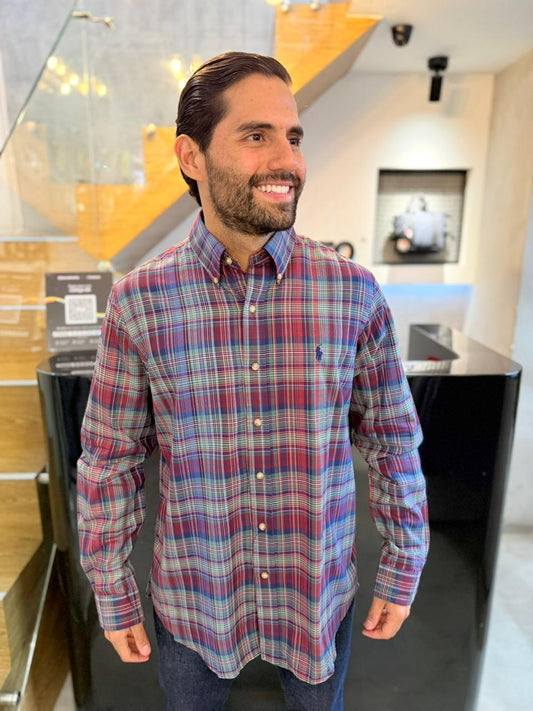 Camisa Polo R.L hombre Algodón Cuadros Morados Con Verde Caballo Azul