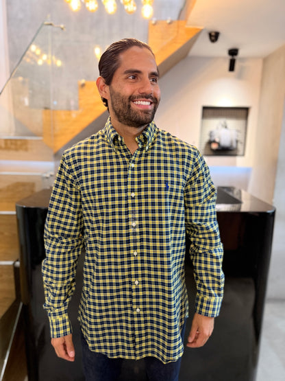 Camisa Polo R.L hombre Algodón Cuadros Azules Con Amarillo Caballo Azul