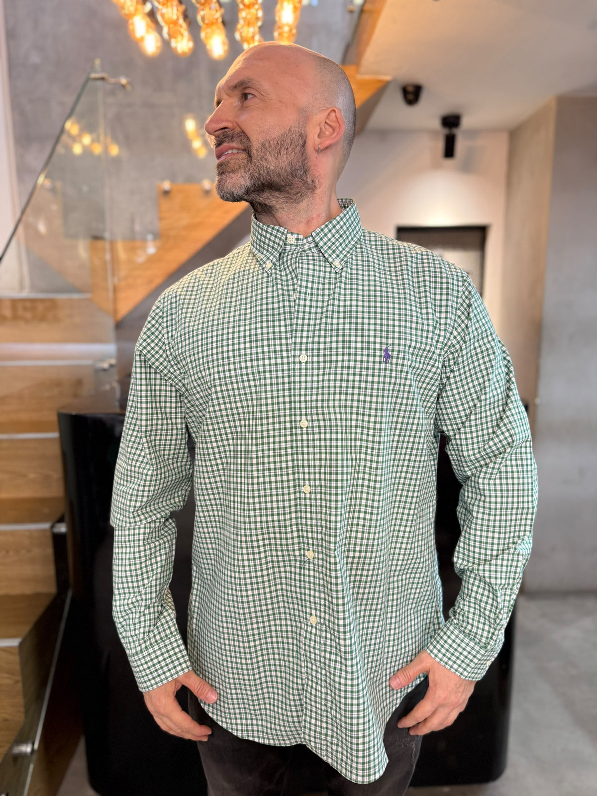 Camisa Polo R.L hombre Algodón Cuadros Verdes Con Blanco Caballo Morado