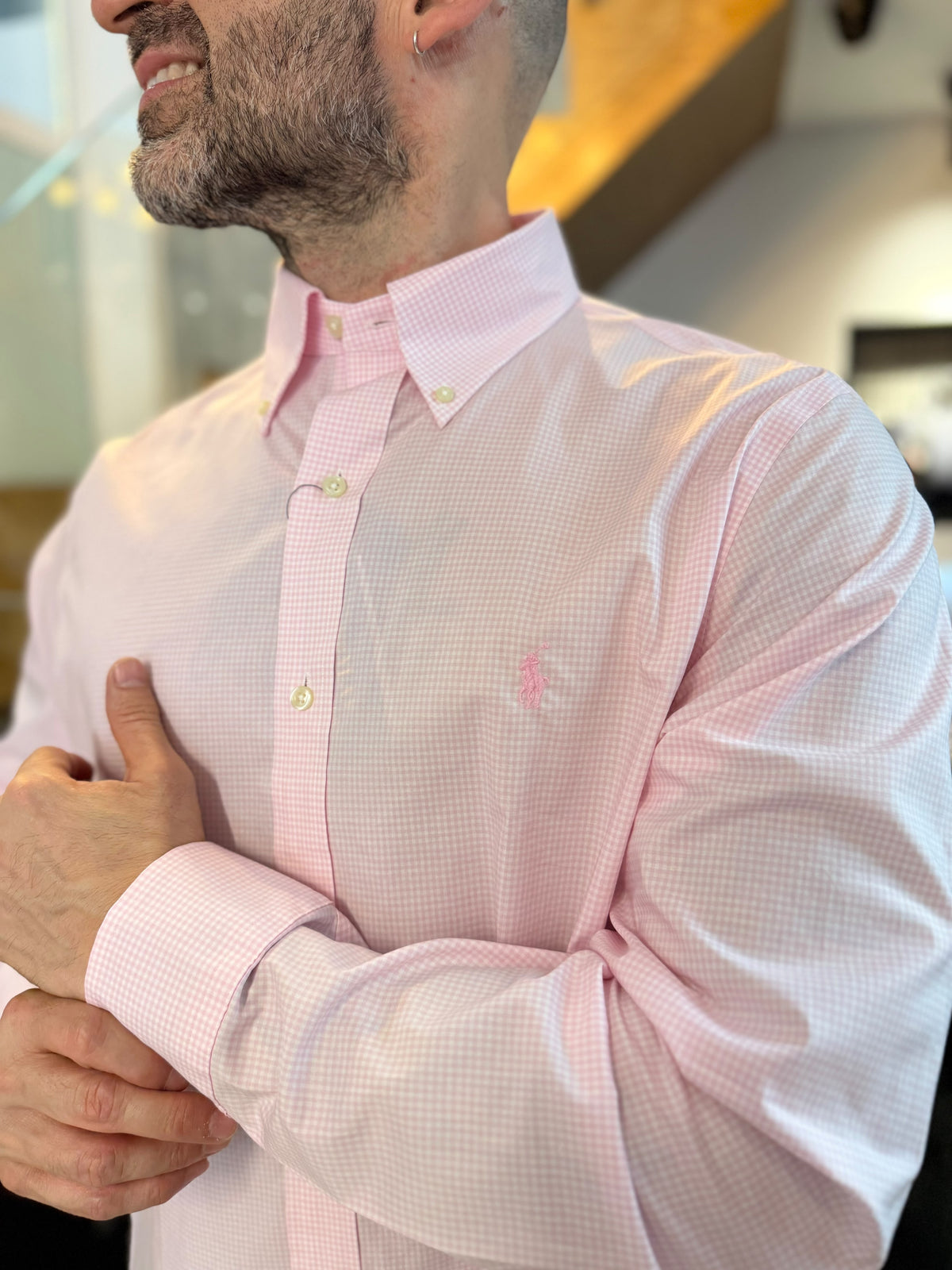 Camisa Polo R.L hombre Algodón Cuadros Rosados Con Blanco Caballo Rosado