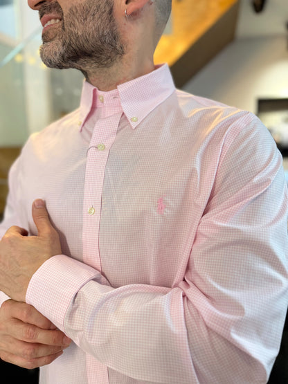 Camisa Polo R.L hombre Algodón Cuadros Rosados Con Blanco Caballo Rosado
