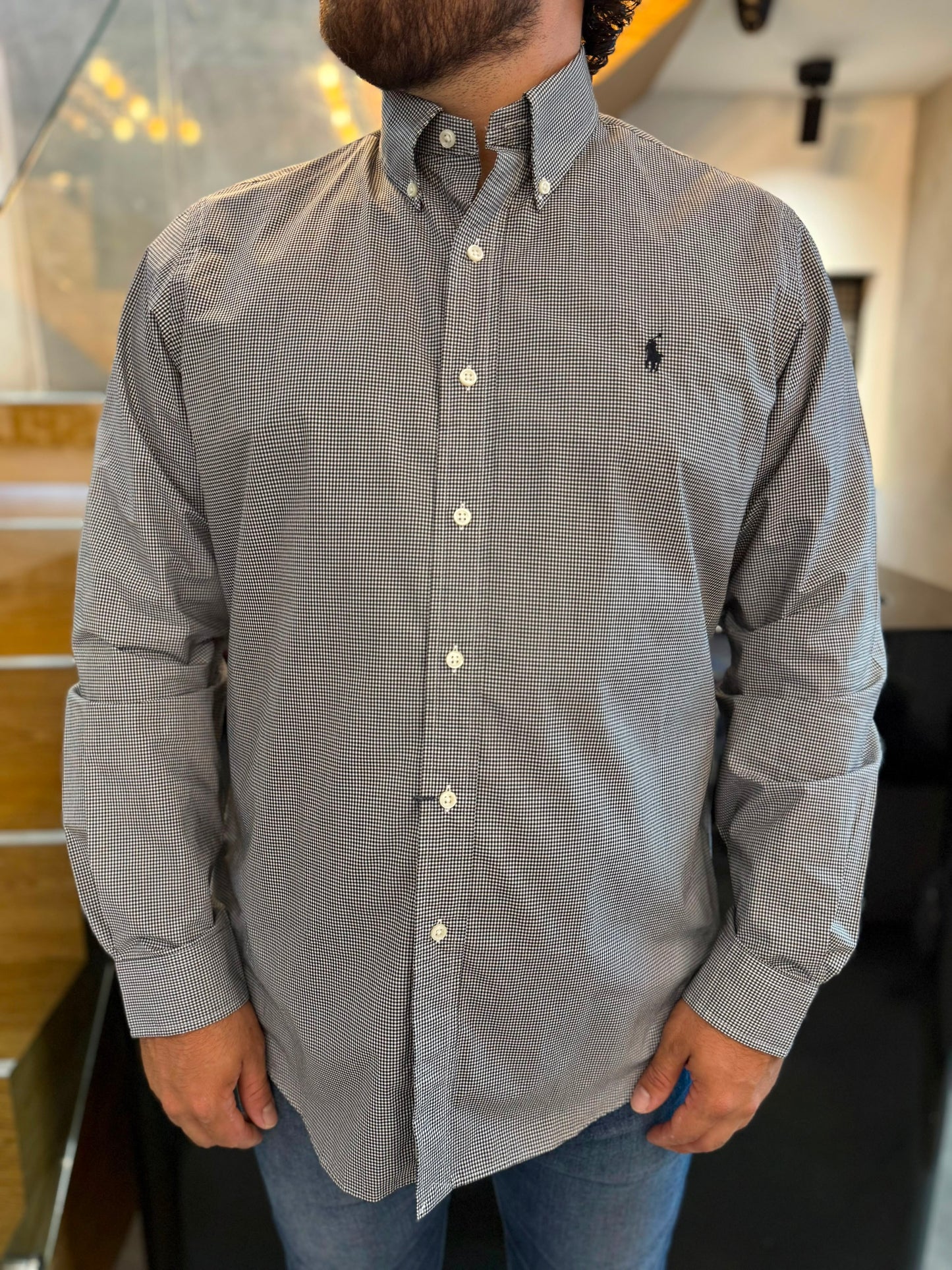 Camisa Polo R.L hombre Algodon Cuadros Negros Caballo Negro