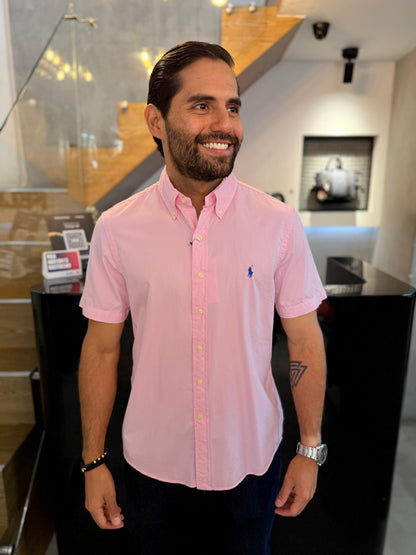 Camisa Polo R.L hombre Manga Corta Algodón Rosada Caballo Azul
