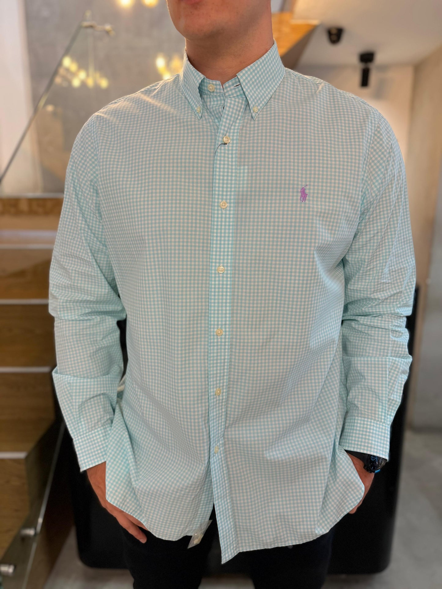 Camisa Polo R.L hombre Algodón Cuadros Celestes Caballo Morado