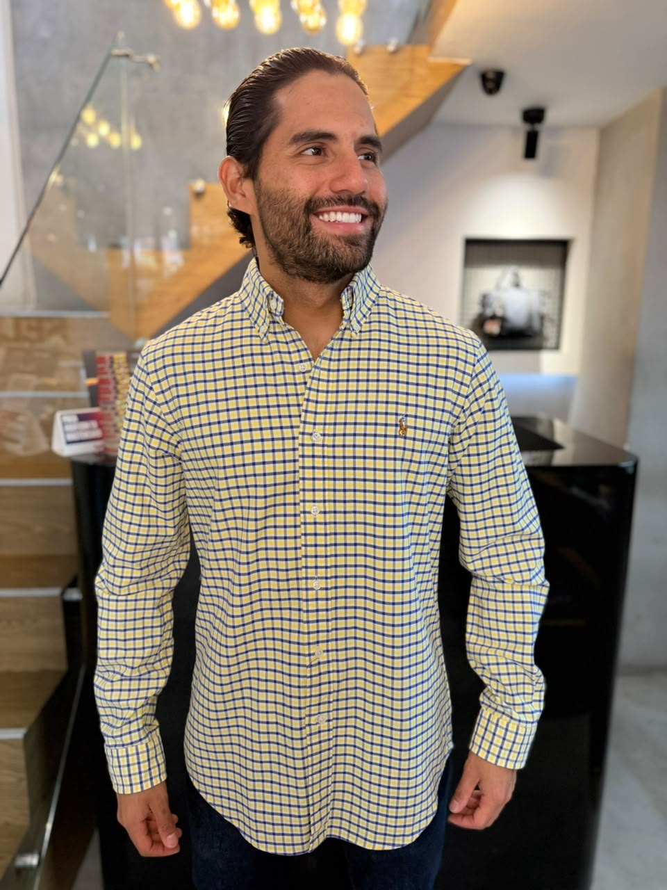 Camisa Polo R.L hombre Oxford Cuadros Amarillos Con Azul Caballo Multicolor