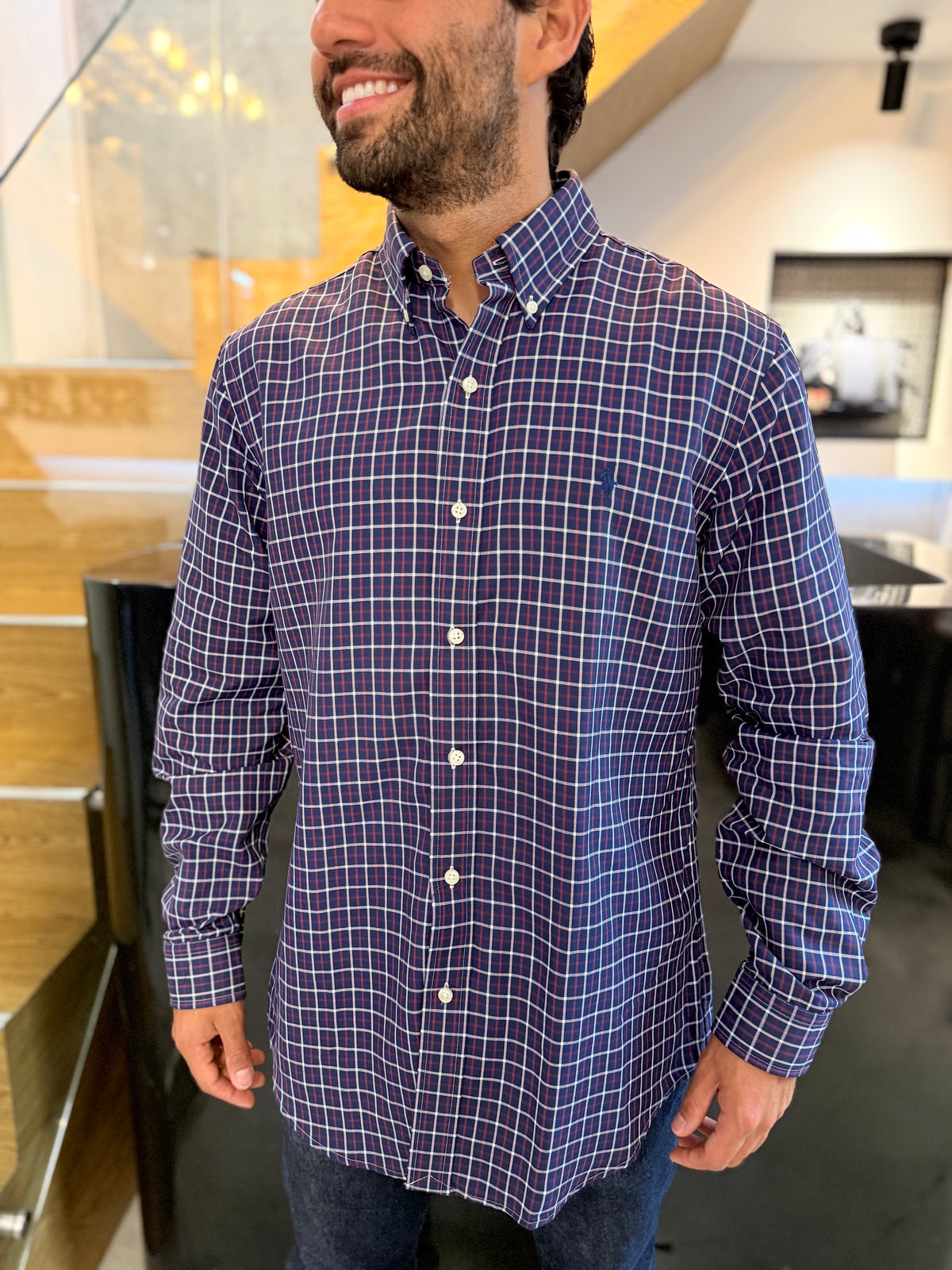 Camisa Polo R.L hombre Algodón  Cuadros Azules Oscuros Caballo Azul