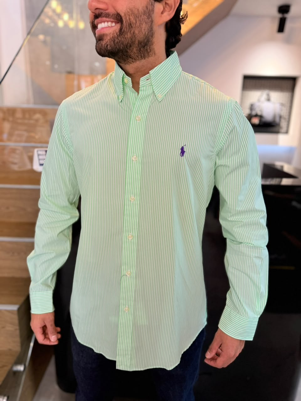 Camisa Polo R.L hombre Algodón Rayas Verdes Limón  Con Blanco Caballo Morado