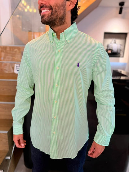 Camisa Polo R.L hombre Algodón Rayas Verdes Limón  Con Blanco Caballo Morado