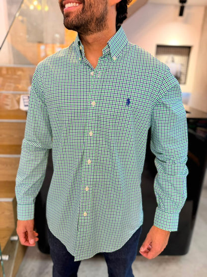 Camisa Polo R.L hombre Algodón Cuadros Verdes Con Azul Caballo Azul