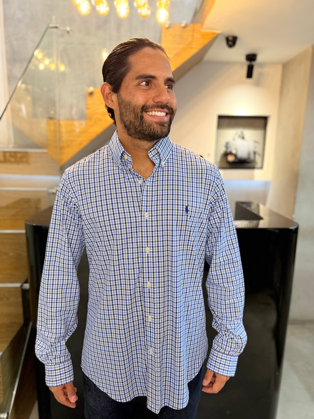 Camisa Polo R.L hombre Performance Cuadros Azules Con Blanco Caballo Azul
