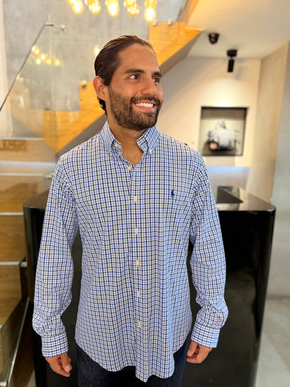 Camisa Polo R.L hombre Performance Cuadros Azules Con Blanco Caballo Azul