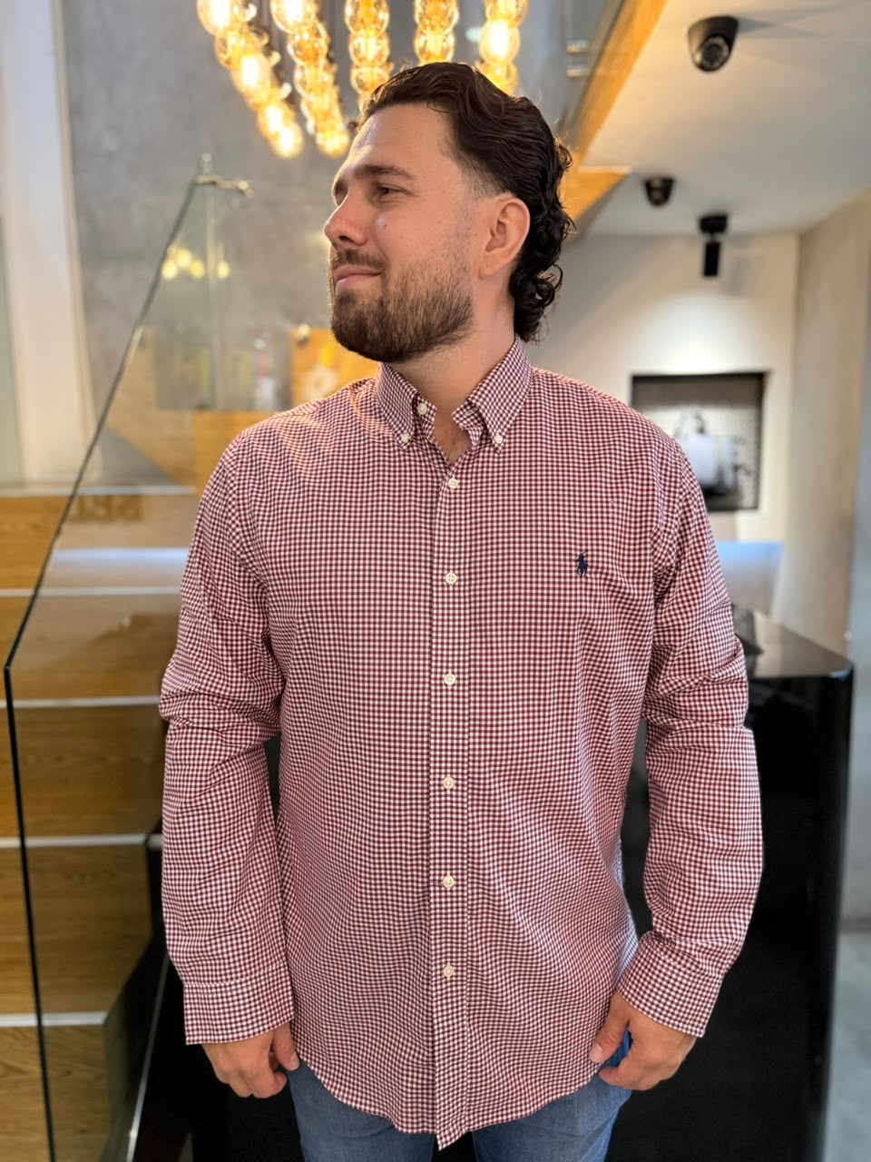 Camisa Polo R.L hombre Algodón Slim fit Cuadros Vinotinto Caballo Azul