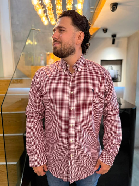 Camisa Polo R.L hombre Algodón Slim fit Cuadros Vinotinto Caballo Azul