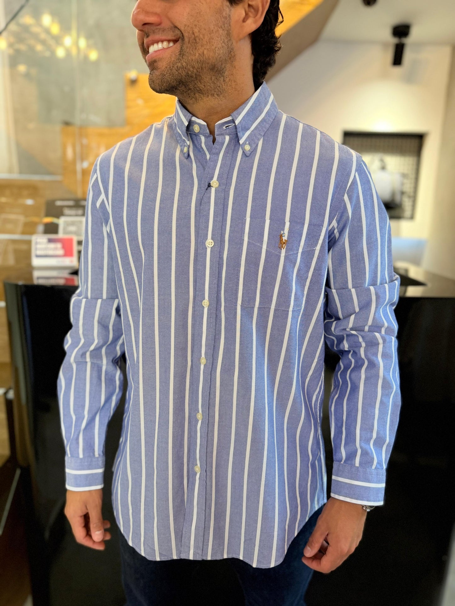 Camisa Polo R.L hombre Oxford Cuadros Rayas Azules Caballo Multicolor
