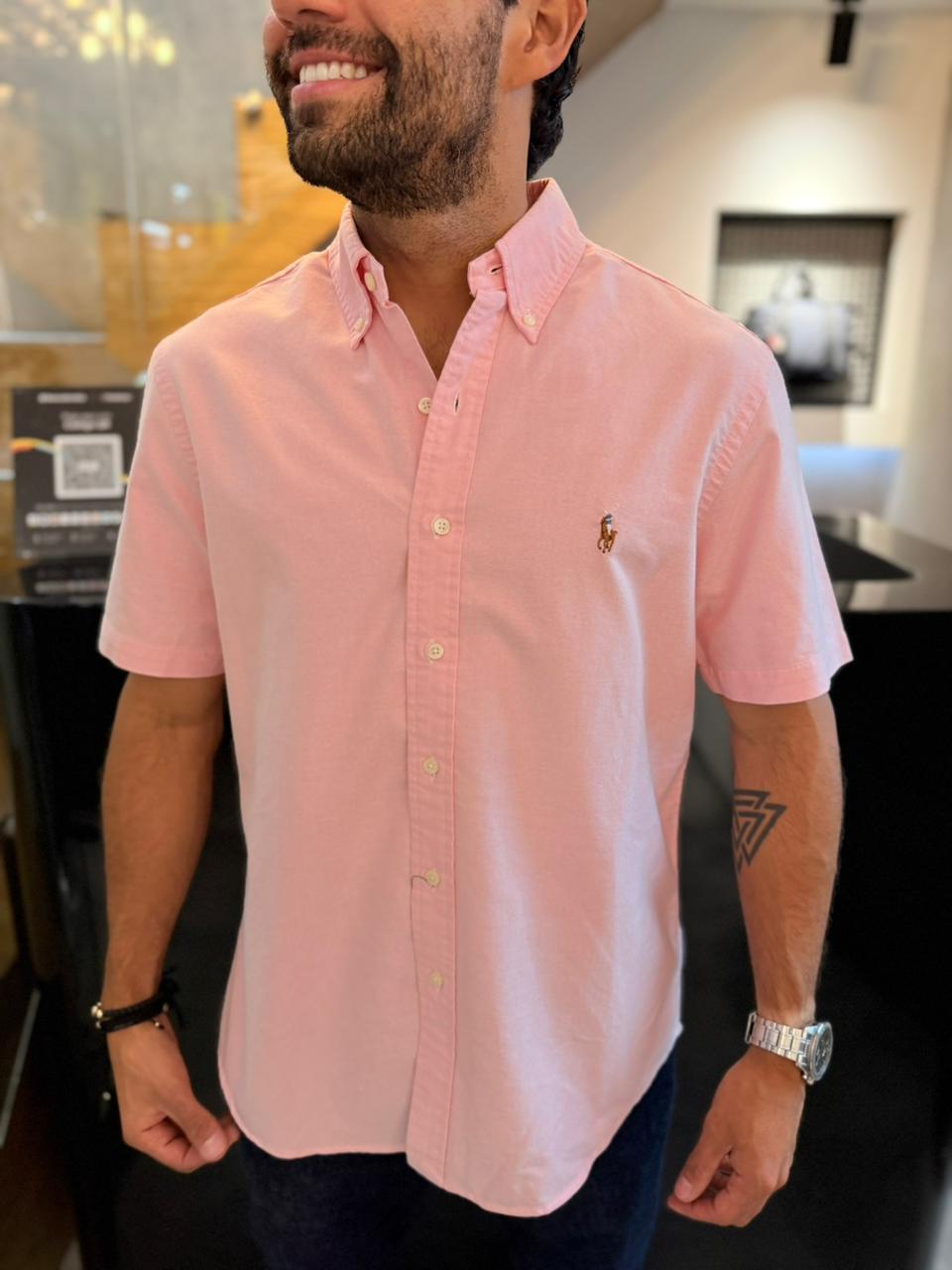 Camisa Polo R.L hombre Manga Corta Oxford Rosada Caballo Multicolor