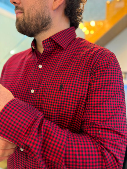 Camisa Polo R.L hombre Algodón Cuadros Rojos Caballo Negro
