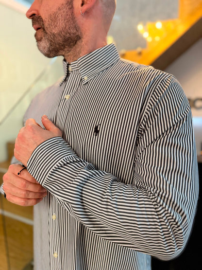 Camisa Polo R.L hombre Algodón Rayas Negras Con Blanco Caballo Negro