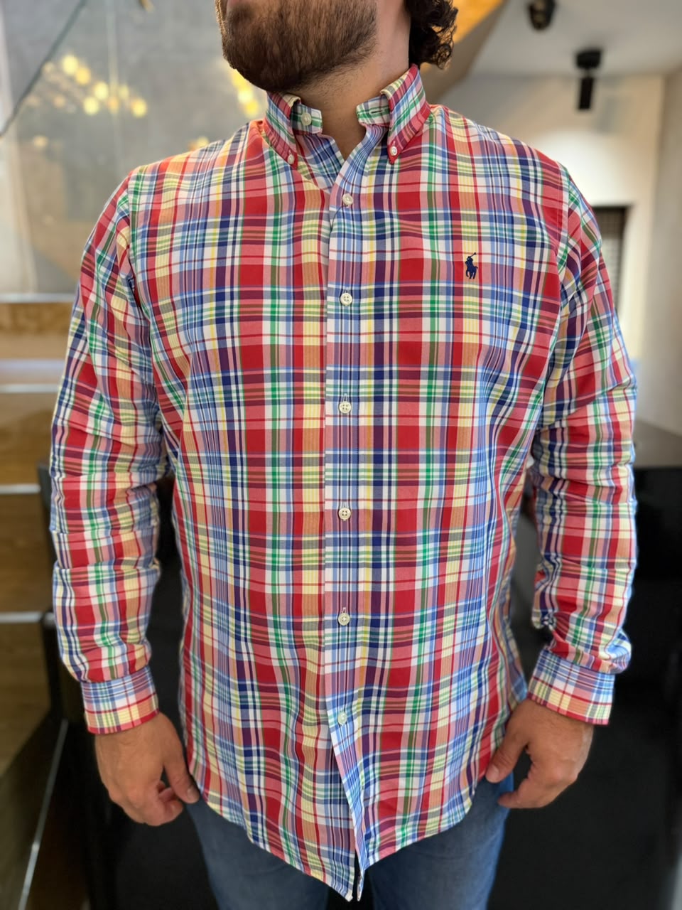 Camisa Polo R.L hombre Algodón Cuadros Colores Caballo Azul