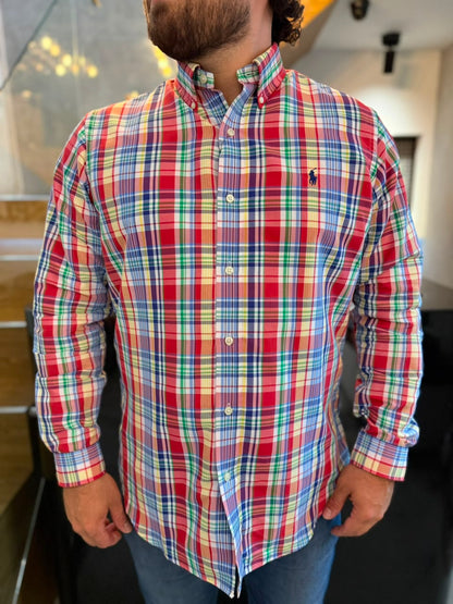Camisa Polo R.L hombre Algodón Cuadros Colores Caballo Azul