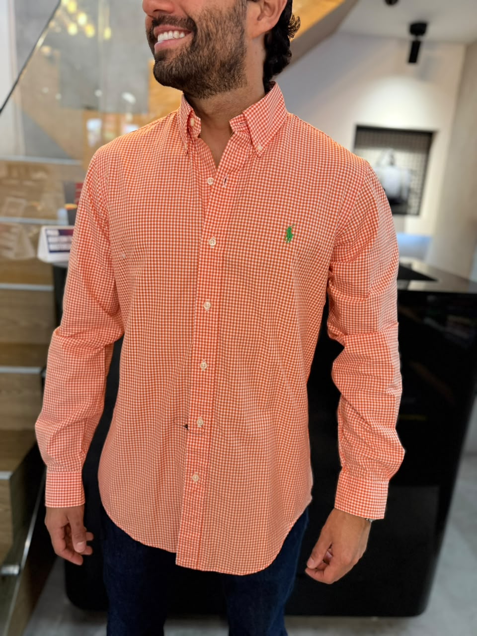 Camisa Polo R.L hombre Algodón Cuadros Naranjas Con Blanco Caballo Verde