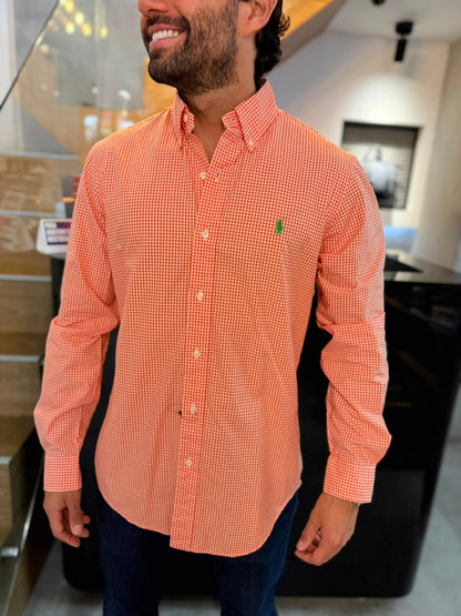 Camisa Polo R.L hombre Algodón Cuadros Naranjas Con Blanco Caballo Verde