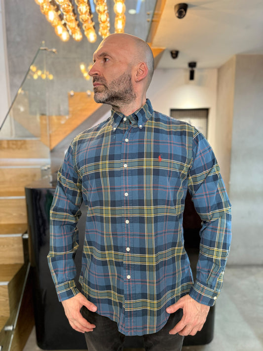 Camisa Polo R.L hombre Oxford Custom Fit Cuadros Azules Con Verde Caballo Rojo