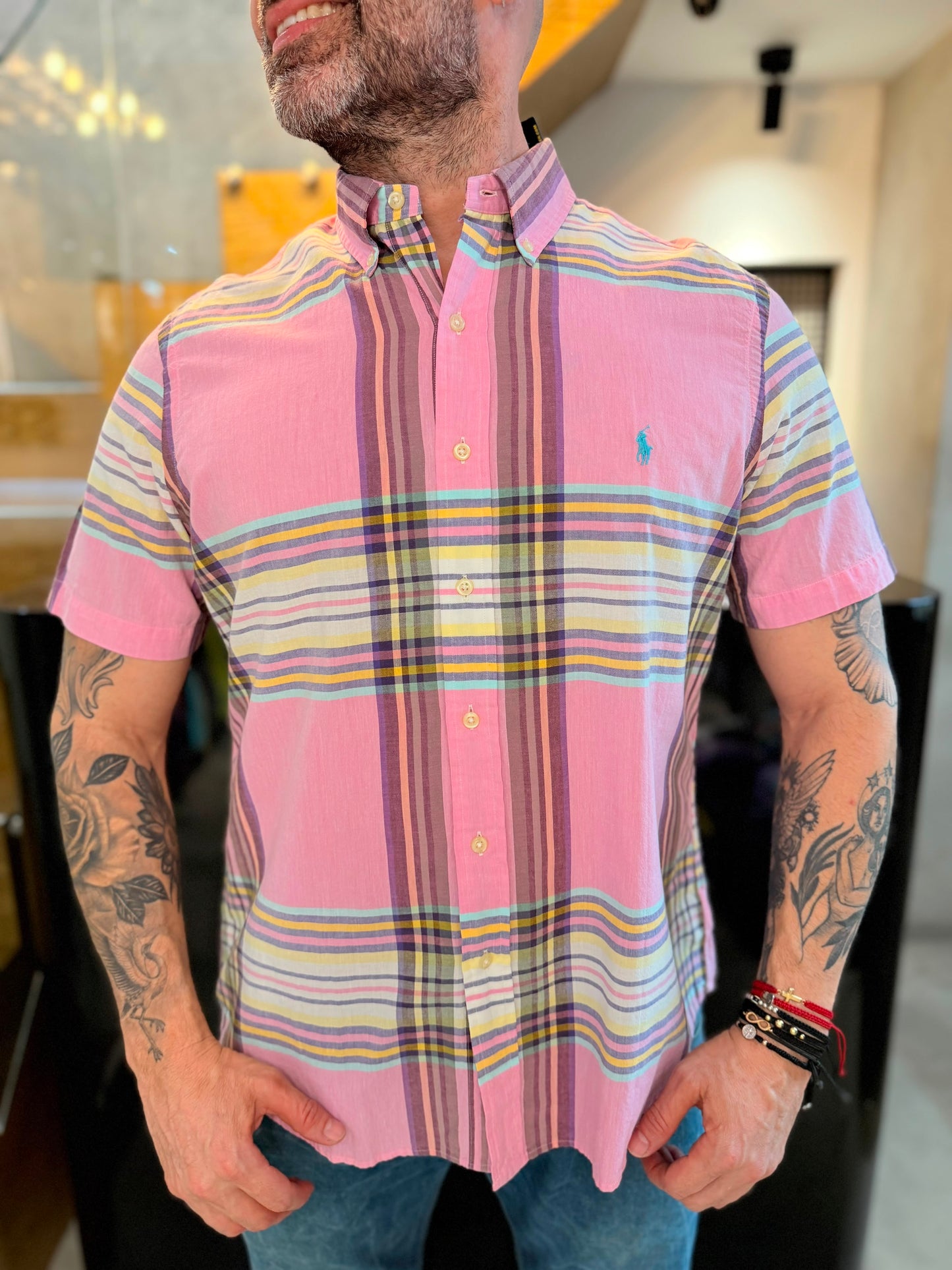 Camisa Polo R.L hombre Lino Manga Corta Rayas Pasteles Caballo Celeste
