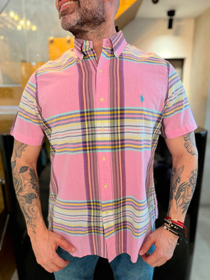 Camisa Polo R.L hombre Lino Manga Corta Rayas Pasteles Caballo Celeste