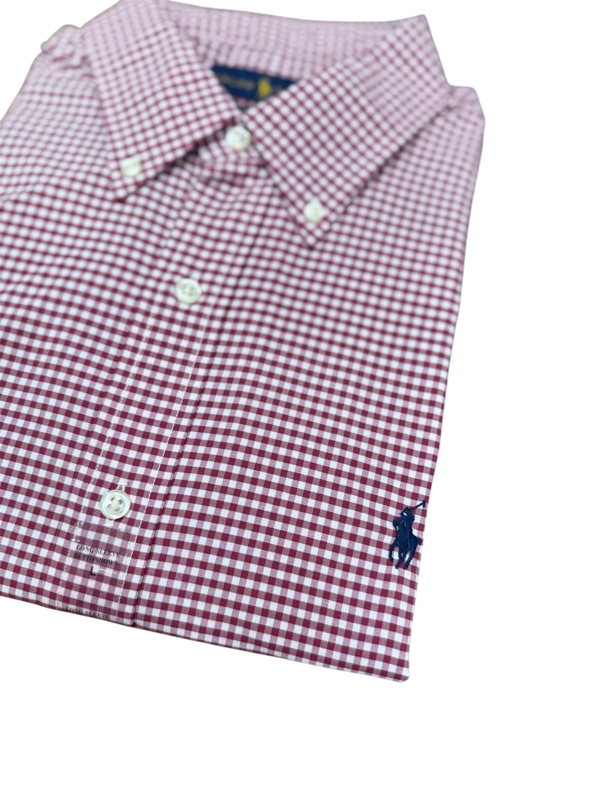 Camisa Polo R.L hombre Algodón Cuadros Vinotinto Caballo Azul