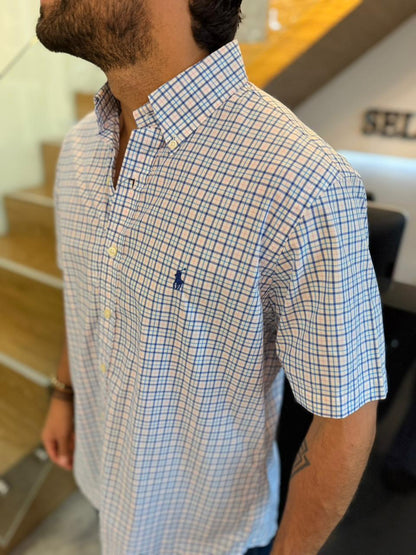 Camisa Polo R.L hombre Manga Corta Algodón Cuadros Blancos Caballo Azul