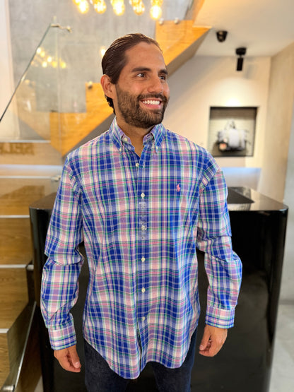 Camisa Polo R.L hombre Algodón Cuadros Azules Caballo Rosa