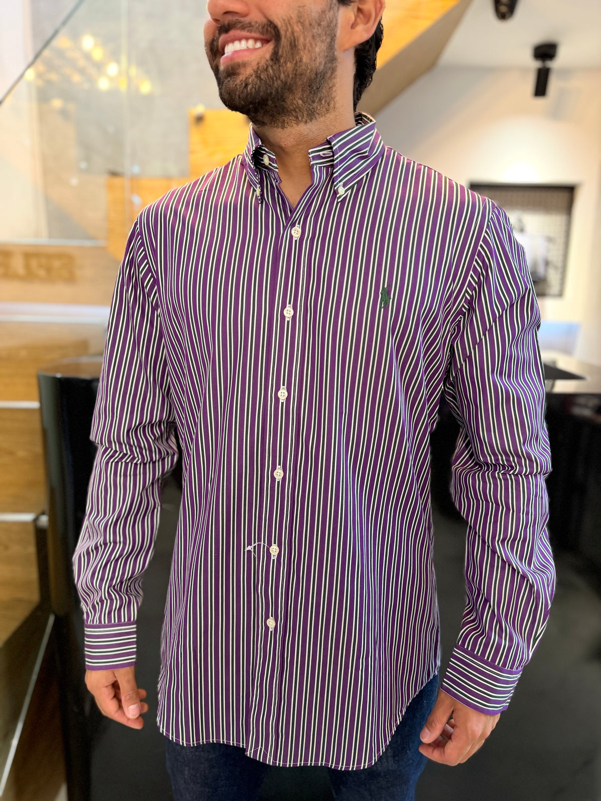 Camisa Polo R.L hombre Algodón Custom Fit Rayas Moradas Con Verdes Caballo Verde