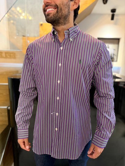 Camisa Polo R.L hombre Algodón Custom Fit Rayas Moradas Con Verdes Caballo Verde