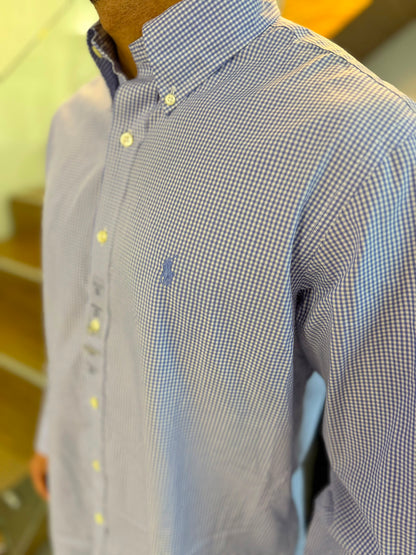 Camisa Polo R.L hombre Algodón Cuadros Morados Con Blanco Caballo Celeste