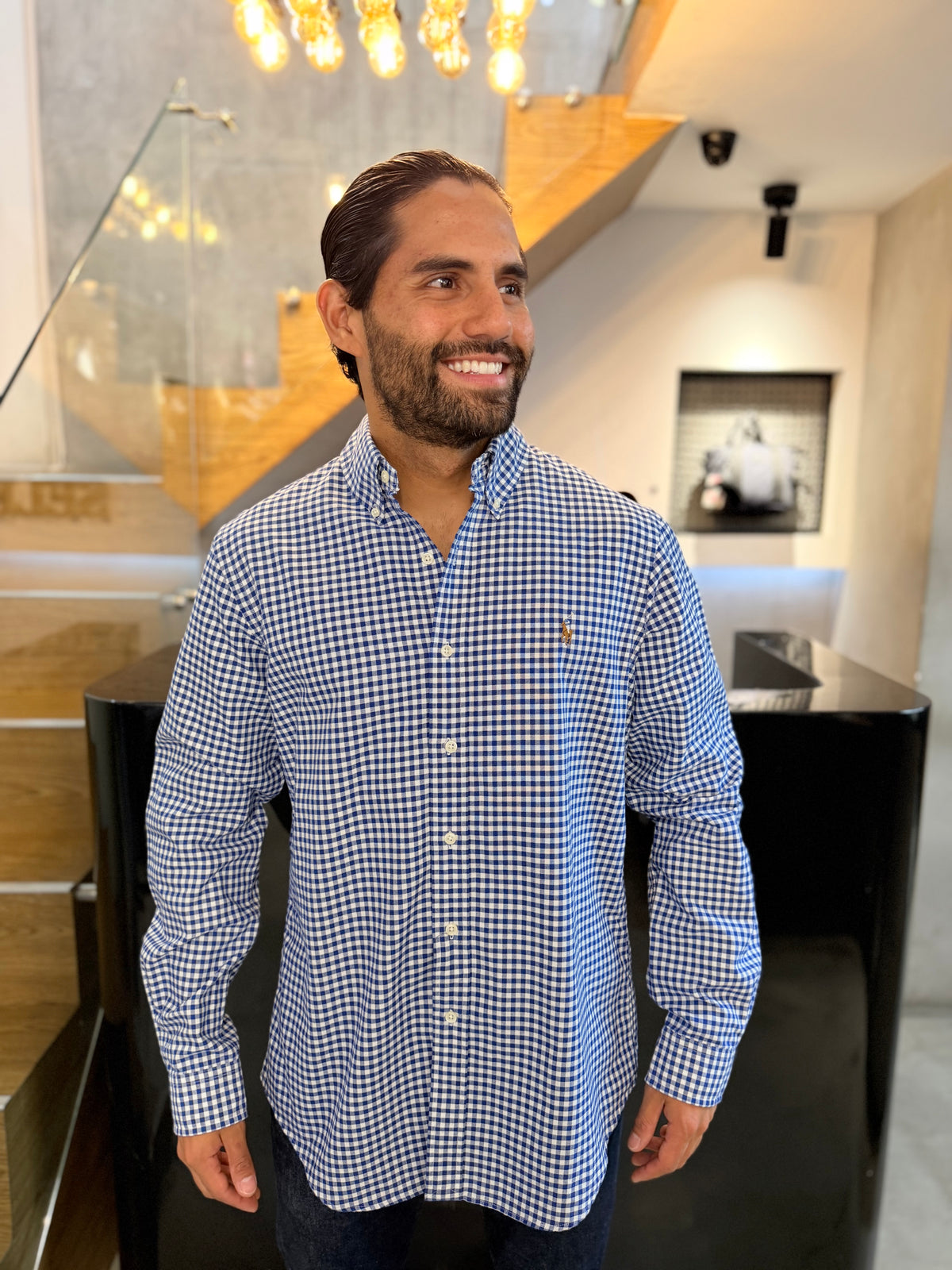 Camisa Polo R.L hombre Oxford Cuadros Azules con Blanco Caballo Multicolor