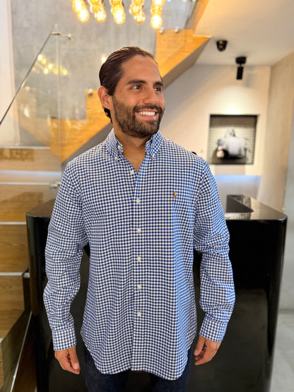 Camisa Polo R.L hombre Oxford Cuadros Azules con Blanco Caballo Multicolor