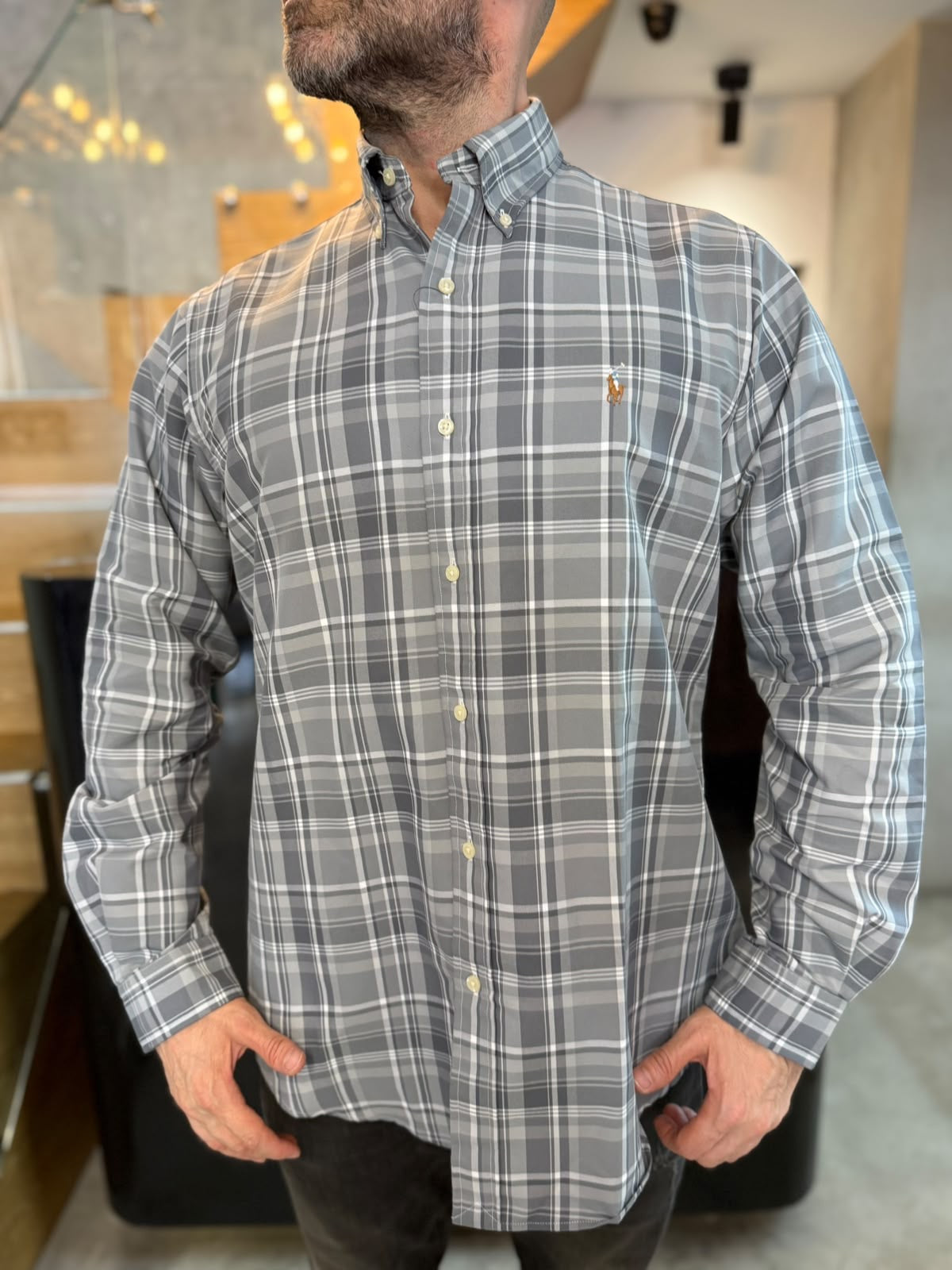 Camisa Polo R.L hombre Algodón Cuadros Grises Con Blanco Caballo Multicolor