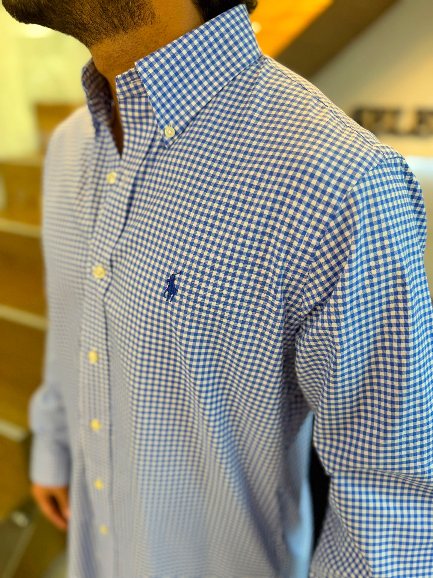 Camisa Polo R.L hombre Algodón Performance  Cuadros Azules Con Blanco Caballo Azul