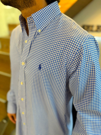 Camisa Polo R.L hombre Algodón Performance  Cuadros Azules Con Blanco Caballo Azul