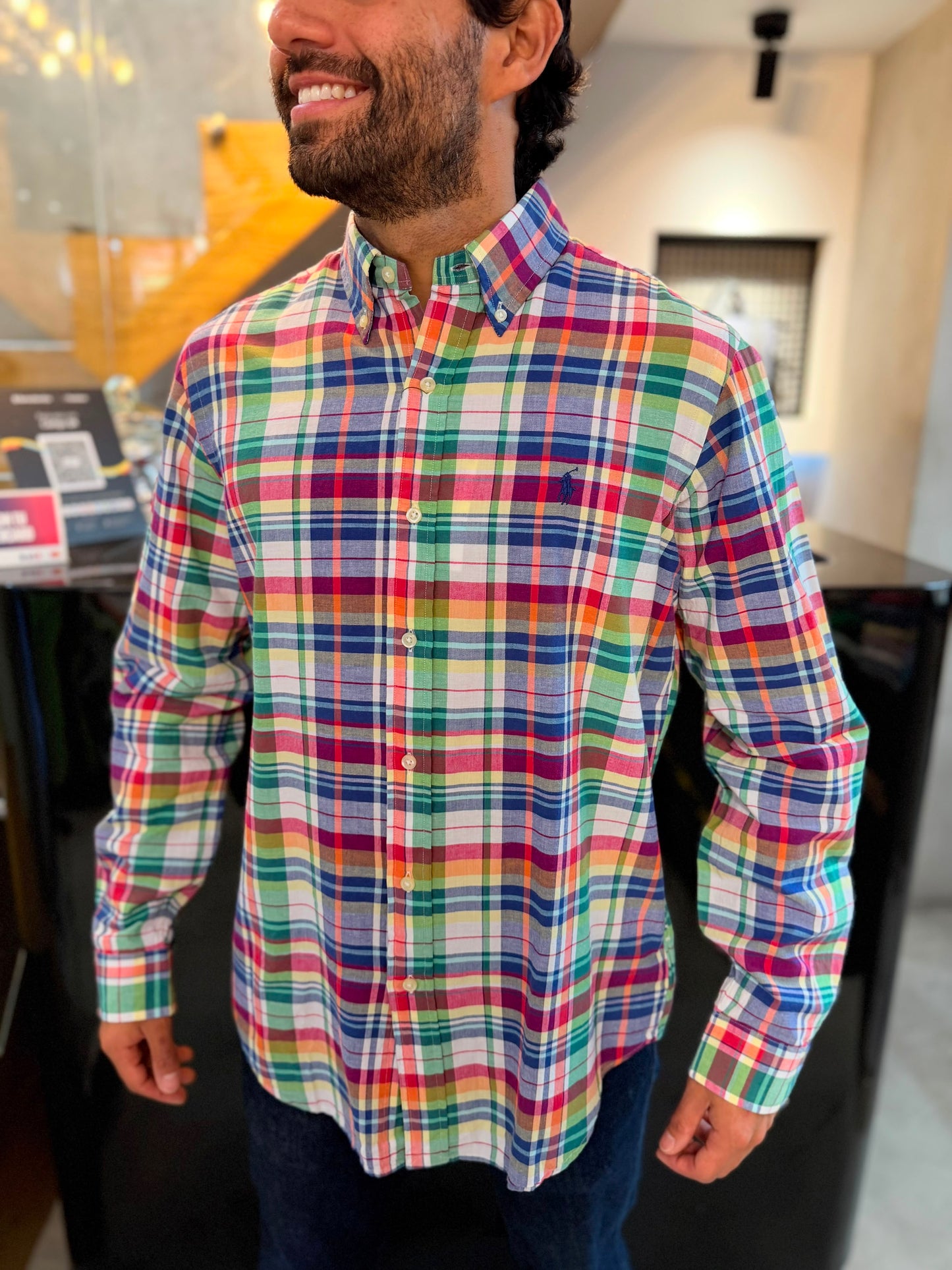 Camisa Polo R.L hombre Lino Cuadros Colores Caballo Azul