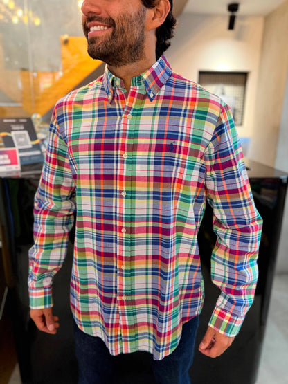 Camisa Polo R.L hombre Lino Cuadros Colores Caballo Azul