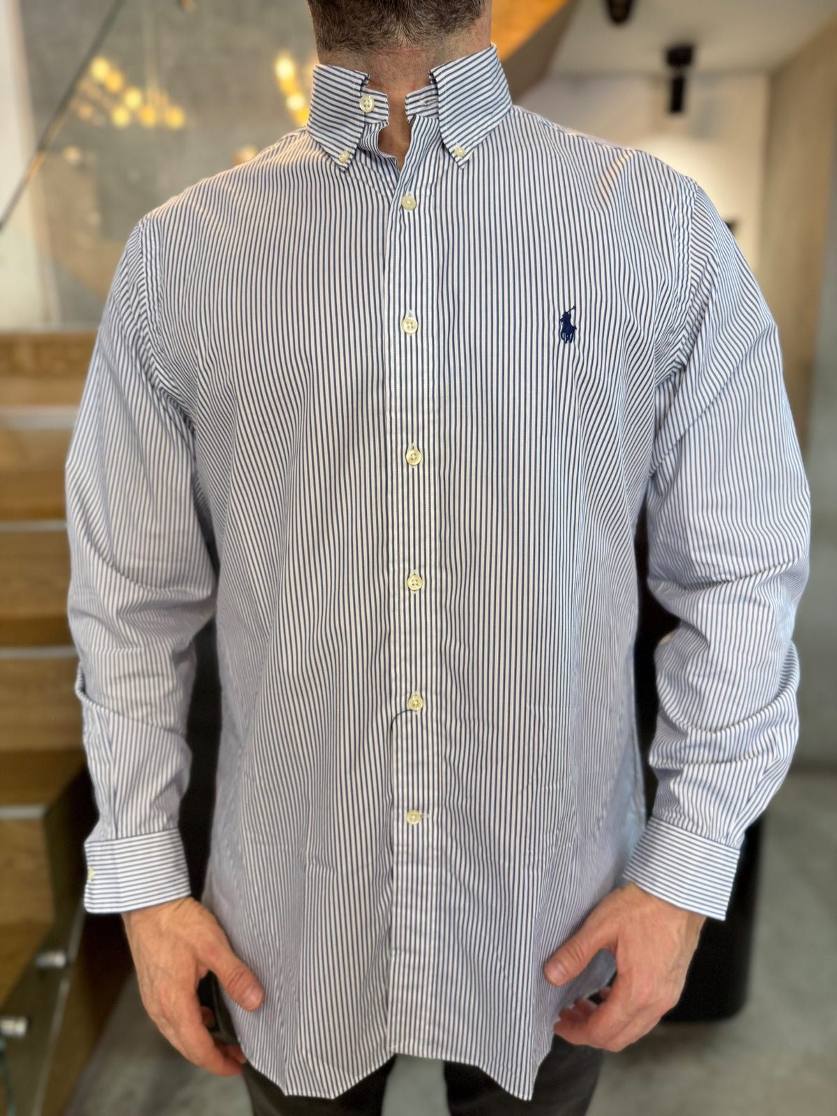 Camisa Polo R.L hombre Algodón Rayas Azules Con Blanco Caballo Azul