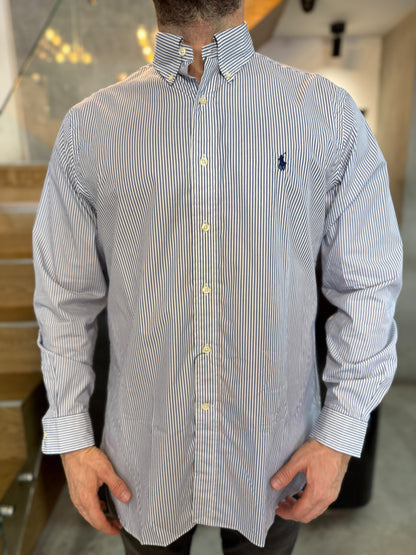 Camisa Polo R.L hombre Algodón Rayas Azules Con Blanco Caballo Azul