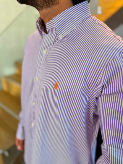 Camisa Polo R.L hombre Algodón Rayas Lilas Con Blanco Caballo Naranja
